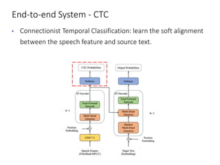 End-to-end System - CTC
• Connectionist Temporal Classification: learn the soft alignment
between the speech feature and source text.
 