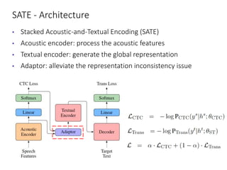 SATE - Architecture
• Stacked Acoustic-and-Textual Encoding (SATE)
• Acoustic encoder: process the acoustic features
• Textual encoder: generate the global representation
• Adaptor: alleviate the representation inconsistency issue
 