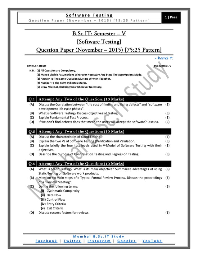 [Question Paper] Software Testing (75:25 Pattern) [November / 2015] | PDF