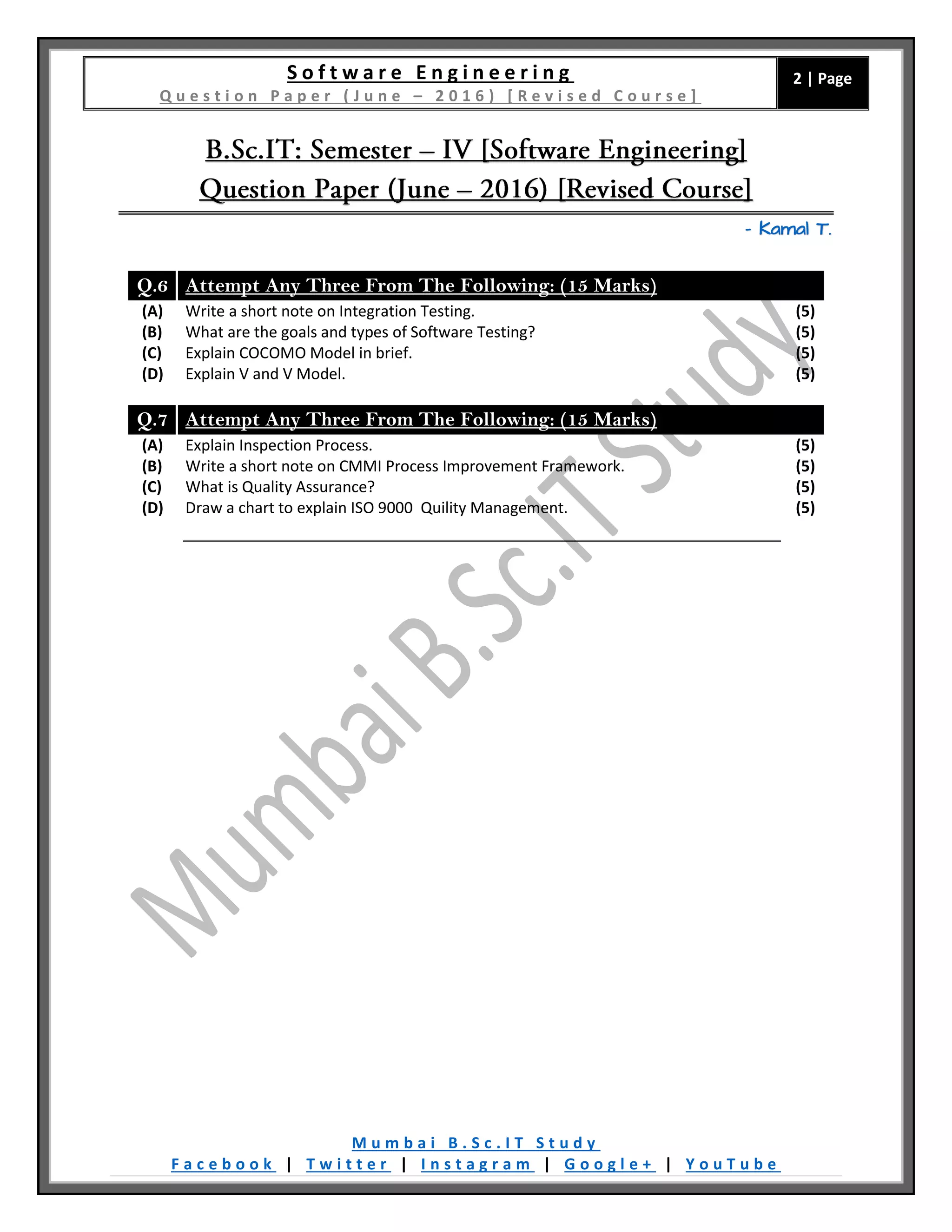 [Question Paper] Software Engineering (Revised Course) [June / 2016] | PDF