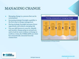 shapingtomorrow.com
11
Managing change is a process that can be
systematized
Increasing strategic foresight capability is
the first step in change management
Having strategic foresight increases future
opportunity and reduces emerging risk
You can Add Sources to scan for, identify
and monitor change going on around you
and to look for more evidence of change to
confirm or deny the FORECASTS our robot
has automatically extracted from the
content here
All Rights Reserved
1
By kind permission of Wendy Schultz
 