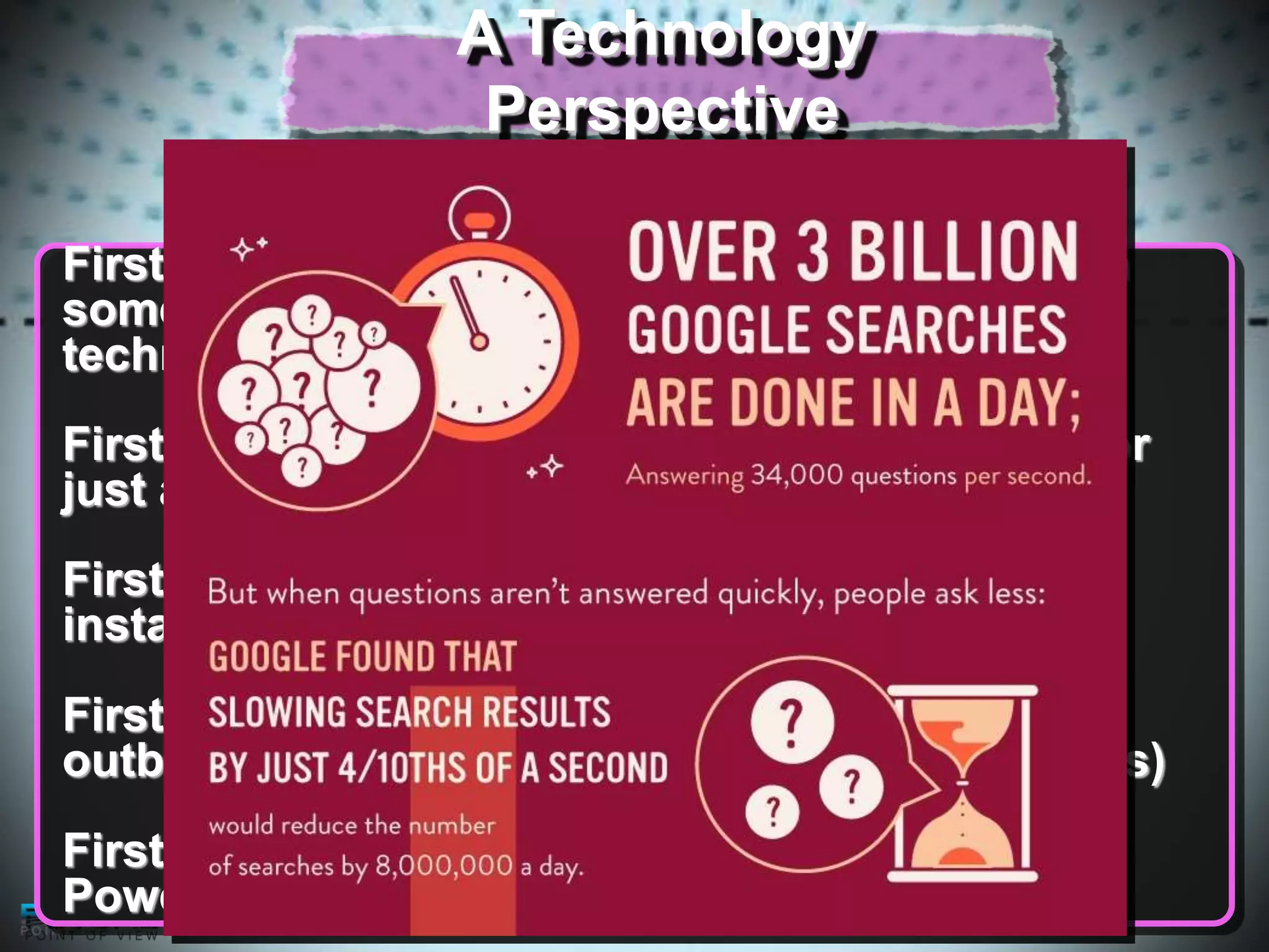 A Technology
Perspective
First time adults must ask children for help with
something as critical to their careers as
technology
First time we can find information in seconds for
just about any question we ask
First time anyone can have a voice - worldwide,
instantly, and for free
First time we have a device that acts as an
outboard brain (augmenting what our brain does)
First time we have seen a toolbox like this one:
Powerful, addictive, growing daily...

 