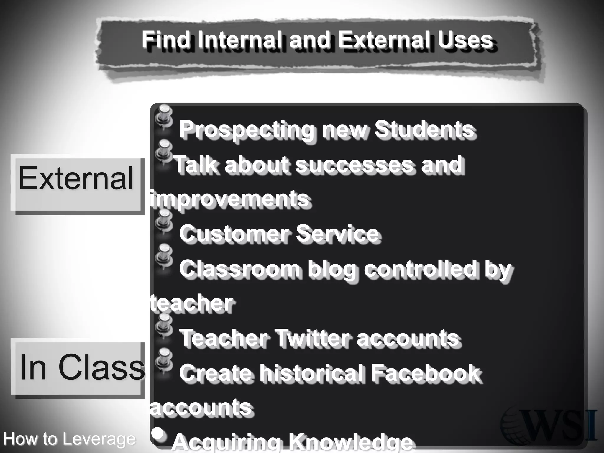 Find Internal and External Uses

Prospecting new Students
Talk about successes and
External
improvements
Customer Service
Classroom blog controlled by
teacher
Teacher Twitter accounts
In Class Create historical Facebook
accounts
How to Leverage
Acquiring Knowledge

•

 