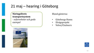 21 maj – hearing i Göteborg
12
Näringslivets
transportsystem
- erfarenheter och goda
exempel
Bland gästerna:
• Göteborgs Hamn
• Elvägsprojekt
• Volvo/Chalmers
 