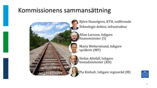 Kommissionens sammansättning
9
Björn Hasselgren, KTH, ordförande
Teknologie doktor, infrastruktur
Allan Larsson, tidigare
finansminister (S)
Maria Wetterstrand, tidigare
språkrör (MP)
Stefan Attefall, tidigare
bostadsminister (KD)
Pia Kinhult, tidigare regionråd (M)
 