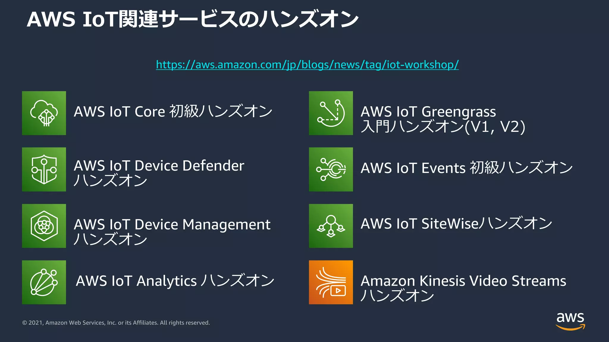 © 2021, Amazon Web Services, Inc. or its Affiliates. All rights reserved.
AWS IoT関連サービスのハンズオン
https://aws.amazon.com/jp/blogs/news/tag/iot-workshop/
 