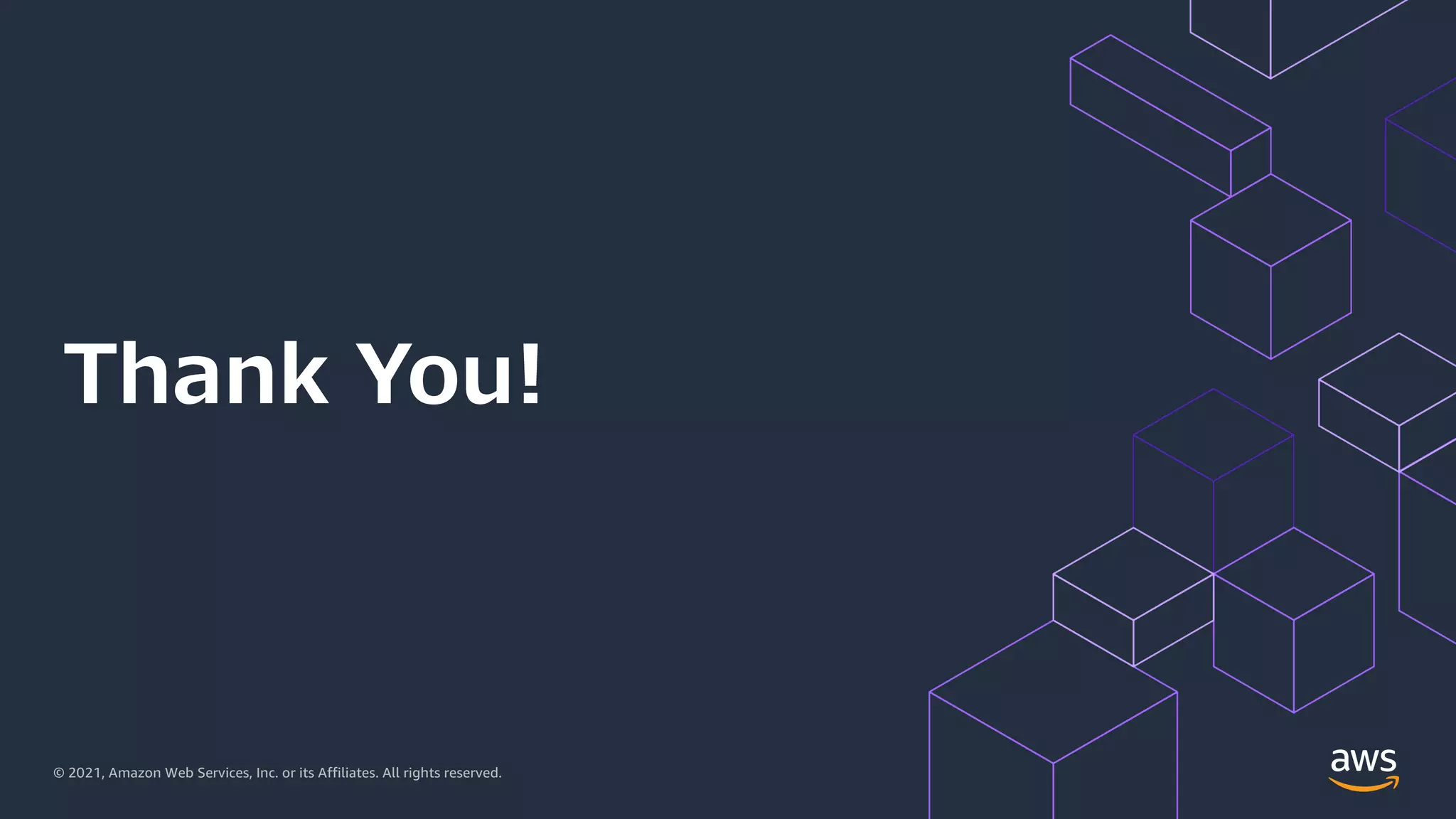 © 2021, Amazon Web Services, Inc. or its Affiliates. All rights reserved.
Thank You!
 