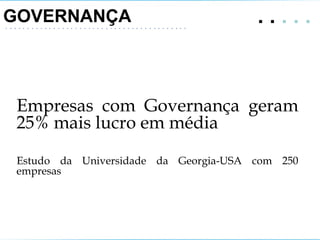 GOVERNANÇA  .   .  . . .  Empresas com Governança geram 25% mais lucro em média  Estudo da Universidade da Georgia-USA com 250 empresas 