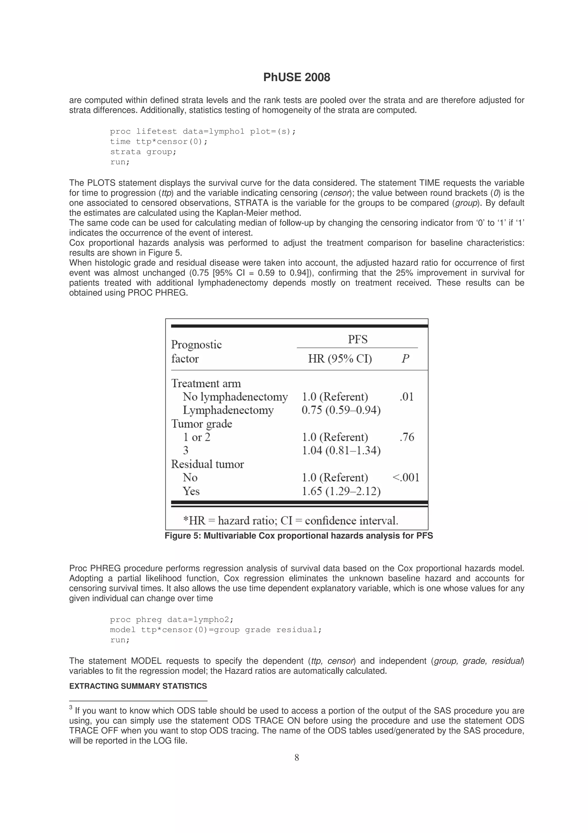 PhUSE 2008
8
are computed within defined strata levels and the rank tests are pooled over the strata and are therefore adjusted for
strata differences. Additionally, statistics testing of homogeneity of the strata are computed.
proc lifetest data=lympho1 plot=(s);
time ttp*censor(0);
strata group;
run;
The PLOTS statement displays the survival curve for the data considered. The statement TIME requests the variable
for time to progression (ttp) and the variable indicating censoring (censor); the value between round brackets (0) is the
one associated to censored observations, STRATA is the variable for the groups to be compared (group). By default
the estimates are calculated using the Kaplan-Meier method.
The same code can be used for calculating median of follow-up by changing the censoring indicator from ‘0’ to ‘1’ if ‘1’
indicates the occurrence of the event of interest.
Cox proportional hazards analysis was performed to adjust the treatment comparison for baseline characteristics:
results are shown in Figure 5.
When histologic grade and residual disease were taken into account, the adjusted hazard ratio for occurrence of first
event was almost unchanged (0.75 [95% CI = 0.59 to 0.94]), confirming that the 25% improvement in survival for
patients treated with additional lymphadenectomy depends mostly on treatment received. These results can be
obtained using PROC PHREG.
Figure 5: Multivariable Cox proportional hazards analysis for PFS
Proc PHREG procedure performs regression analysis of survival data based on the Cox proportional hazards model.
Adopting a partial likelihood function, Cox regression eliminates the unknown baseline hazard and accounts for
censoring survival times. It also allows the use time dependent explanatory variable, which is one whose values for any
given individual can change over time
proc phreg data=lympho2;
model ttp*censor(0)=group grade residual;
run;
The statement MODEL requests to specify the dependent (ttp, censor) and independent (group, grade, residual)
variables to fit the regression model; the Hazard ratios are automatically calculated.
EXTRACTING SUMMARY STATISTICS
3
If you want to know which ODS table should be used to access a portion of the output of the SAS procedure you are
using, you can simply use the statement ODS TRACE ON before using the procedure and use the statement ODS
TRACE OFF when you want to stop ODS tracing. The name of the ODS tables used/generated by the SAS procedure,
will be reported in the LOG file.
 
