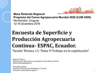 Mesa Redonda Regional
Programa del Censo Agropecuario Mundial 2020 (CAM 2020)
Montevideo, Uruguay
12-16 Diciembre 2016
Gabriel Villacís
Ministerio de Agricultura, Ganadería, Acuacultura y Pesca
gvillacis@magap.gob.ec
Armando Salazar
Instituto Nacional de Estadística y Censos
Armando_salazar@inec.gob.ec
Encuesta de Superficie y
Producción Agropecuaria
Continua- ESPAC, Ecuador.
“Sesión Técnica 11: Tema 9-Trabajo en la explotación”.
1
 