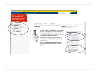 Areas of Medicine                   Members
               Respiratory
                  Diseases & Treatments
               Oncology
                  Treatment               Dr. Mark Robbins - Chief Surgery - ACME General
                  Research                Hospital - is a specialist in eyes ears and throat       Docum
                                          surgery and oncology. His recent experience
                                          includes experimental procedures in the treatment        patent
                                          of laser surgery related to stigmatism.
                                                                                                   author
 reas of experience                       He holds two patents and a trademark for his
                                          work in nano-based technology for providing              attorne
or this attorney                          sight to the blind.
                                                                                               !
                                          He us a graduate of the University of Illinois,
                                          and did his residency at the New England
                                          (more)

                                                                                                   Matters
                                                                                                   patent
                                                                                                   that thi
                                                                                                   billed o
 