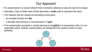 Our Approach
▪ An autoencoder is a neural network that is trained to attempt to copy its input to its output.
▪ Internally, it has a hidden layer h that describes a code used to represent the input.
▪ The network may be viewed as consisting of two parts:
- an encoder function h = f(x)
- a decoder that produces a reconstruction r = g(h)
▪ If an autoencoder succeeds in simply learning to set g(f(x)) = x everywhere, then it is not
especially useful. Instead, autoencoders are designed to be unable to learn to copy
perfectly:
x
h
r
f g
 