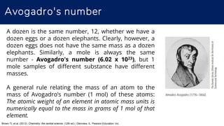 Avogadro's number
Brown TL et al. (2012). Chemistry: the central science. (12th ed.). Glenview, IL: Pearson Education, Inc.
A dozen is the same number, 12, whether we have a
dozen eggs or a dozen elephants. Clearly, however, a
dozen eggs does not have the same mass as a dozen
elephants. Similarly, a mole is always the same
number - Avogadro's number (6.02 x 1023), but 1
mole samples of different substance have different
masses.
A general rule relating the mass of an atom to the
mass of Avogadro’s number (1 mol) of these atoms:
The atomic weight of an element in atomic mass units is
numerically equal to the mass in grams of 1 mol of that
element.
 