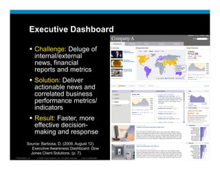 Executive Dashboard

                  Challenge: Deluge of
                  internal/external
                  news, financial
                  reports and metrics
                  Solution: Deliver
                  actionable news and
                  correlated business
                  performance metrics/
                  indicators
                  Result: Faster more
                          Faster,
                  effective decision-
                  making and response
           Source: Barbosa, D. (2009, August 12).
              Executive Awareness Dashboard: Dow
             Jones Client Solutions. (p. 7).
Presentation_ID   © 2009 Cisco Systems, Inc. All rights reserved.   Cisco Confidential   11
 