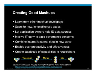 Creating Good Mashups

                  Learn from other mashup developers
                                        p       p
                  Scan for new, innovative use cases
                  Let application owners help ID data sources
                  Involve IT early to ease governance concerns
                  Combine internal/external data in new ways
                  Enable user productivity and effectiveness
                  Create t l
                  C t catalogue of capabilities t reuse/share
                                 f     biliti to       / h

                                  Transform                                              Merge   Mix


              Source: ITworld. (2009, July 28). Building Mashups that Work. Retrieved from
                http://www.itworld.com/software/72793/building-mashups-work
Presentation_ID   © 2009 Cisco Systems, Inc. All rights reserved.   Cisco Confidential                 14
 