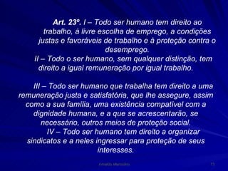 Art. 23º.  I – Todo ser humano tem direito ao trabalho, à livre escolha de emprego, a condições justas e favoráveis de trabalho e à proteção contra o desemprego. II – Todo o ser humano, sem qualquer distinção, tem direito a igual remuneração por igual trabalho. III – Todo ser humano que trabalha tem direito a uma remuneração justa e satisfatória, que lhe assegure, assim como a sua família, uma existência compatível com a dignidade humana, e a que se acrescentarão, se necessário, outros meios de proteção social. IV – Todo ser humano tem direito a organizar sindicatos e a neles ingressar para proteção de seus interesses. 