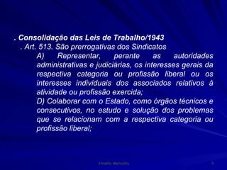 . Consolidação das Leis de Trabalho/1943 . Art. 513. São prerrogativas dos Sindicatos A) Representar, perante as autoridades administrativas e judiciárias, os interesses gerais da respectiva categoria ou profissão liberal ou os interesses individuais dos associados relativos à atividade ou profissão exercida; D) Colaborar com o Estado, como órgãos técnicos e consecutivos, no estudo e solução dos problemas que se relacionam com a respectiva categoria ou profissão liberal; 