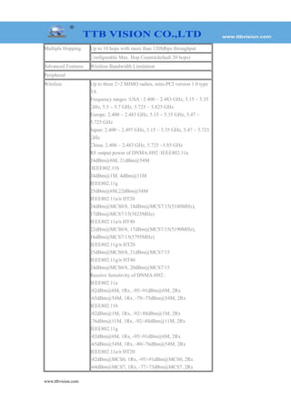 Multiple Hopping Up to 10 hops with more than 120Mbps throughput
Configurable Max. Hop Counts(default 20 hops)
Advanced Features Wireless Bandwidth Limitation
Peripheral
Wireless Up to three 2×2 MIMO radios, mini-PCI version 1.0 type
3A
Frequency ranges :USA : 2.400 ~ 2.483 GHz, 5.15 ~ 5.35
GHz, 5.5 ~ 5.7 GHz, 5.725 ~ 5.825 GHz
Europe: 2.400 ~ 2.483 GHz, 5.15 ~ 5.35 GHz, 5.47 ~
5.725 GHz
Japan: 2.400 ~ 2.497 GHz, 5.15 ~ 5.35 GHz, 5.47 ~ 5.725
GHz
China: 2.400 ~ 2.483 GHz, 5.725 ~5.85 GHz
RF output power of DNMA-H92 :IEEE802.11a
24dBm@6M, 21dBm@54M
IEEE802.11b
24dBm@1M, 4dBm@11M
IEEE802.11g
25dBm@6M,22dBm@54M
IEEE802.11a/n HT20
24dBm@MCS0/8, 18dBm@MCS7/15(5180MHz),
17dBm@MCS7/15(5825MHz)
IEEE802.11a/n HT40
22dBm@MCS0/8, 17dBm@MCS7/15(5190MHz),
16dBm@MCS7/15(5795MHz)
IEEE802.11g/n HT20
25dBm@MCS0/8, 21dBm@MCS7/15
IEEE802.11g/n HT40
24dBm@MCS0/8, 20dBm@MCS7/15
Receive Sensitivity of DNMA-H92 :
IEEE802.11a
-82dBm@6M, 1Rx, -95/-91dBm@6M, 2Rx
-65dBm@54M, 1Rx, -79/-75dBm@54M, 2Rx
IEEE802.11b
-82dBm@1M, 1Rx, -92/-88dBm@1M, 2Rx
-76dBm@11M, 1Rx, -92/-88dBm@11M, 2Rx
IEEE802.11g
-82dBm@6M, 1Rx, -95/-91dBm@6M, 2Rx
-65dBm@54M, 1Rx, -80/-76dBm@54M, 2Rx
IEEE802.11a/n HT20
-82dBm@MCS0, 1Rx, -95/-91dBm@MCS0, 2Rx
-64dBm@MCS7, 1Rx, -77/-73dBm@MCS7, 2Rx
www.ttbvision.com
 