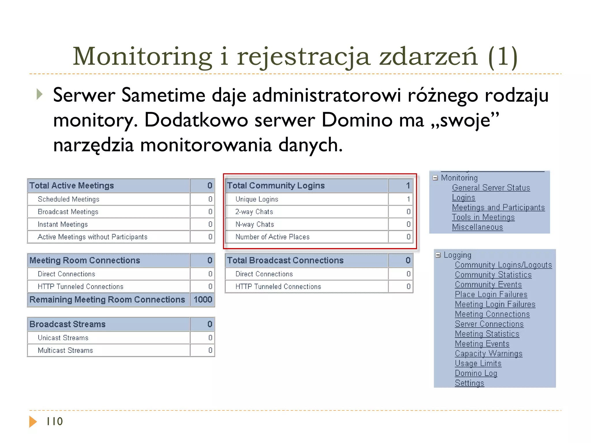 Monitoring i rejestracja zdarzeń (1) Serwer Sametime daje administratorowi różnego rodzaju monitory. Dodatkowo serwer Domino ma „swoje” narzędzia monitorowania danych. 