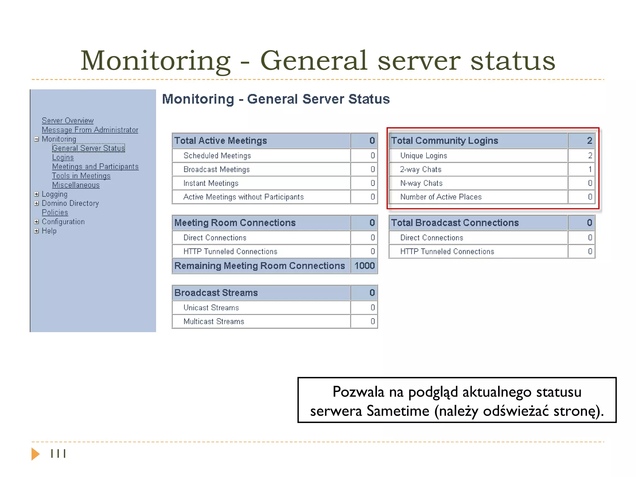 Monitoring - General server status Pozwala na podgląd aktualnego statusu serwera Sametime (należy odświeżać stronę). 