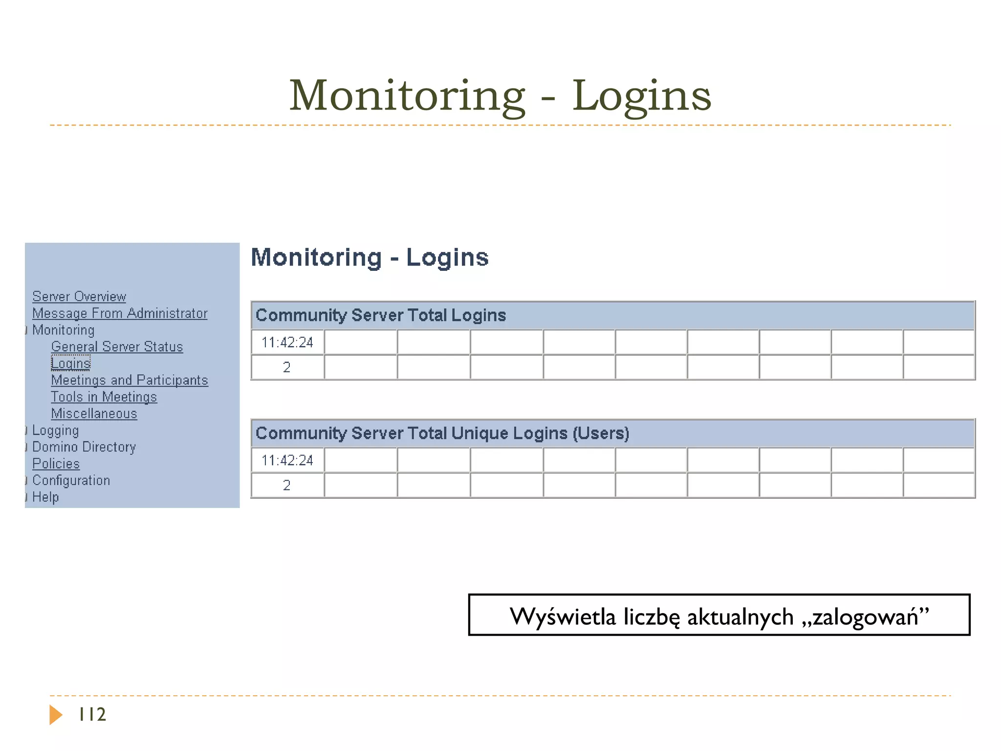 Monitoring - Logins Wyświetla liczbę aktualnych „zalogowań” 