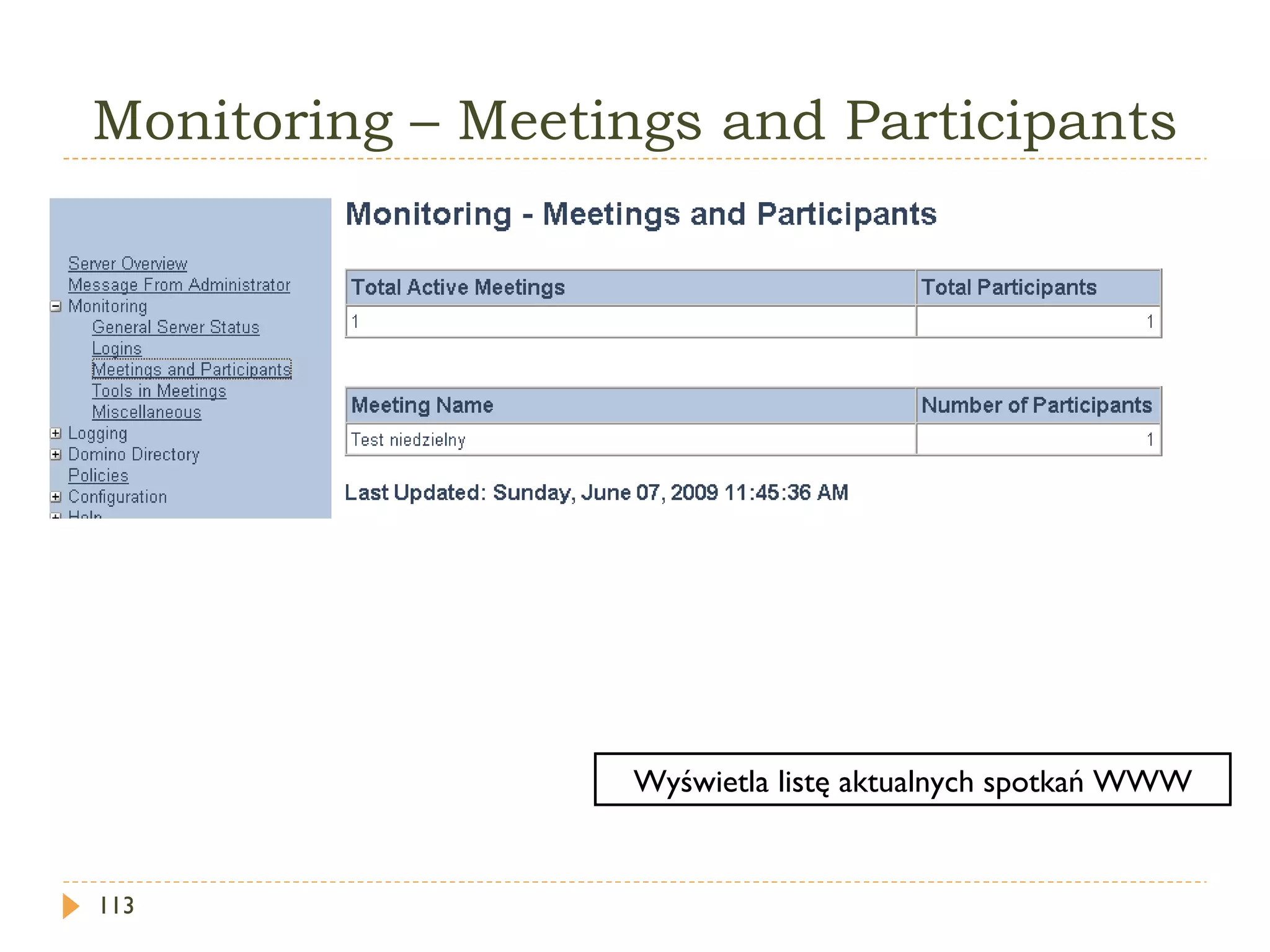 Monitoring – Meetings and Participants Wyświetla listę aktualnych spotkań WWW 