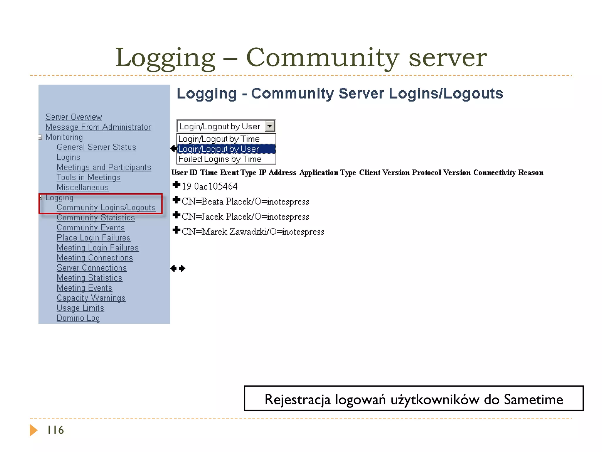 Logging – Community server Rejestracja logowań użytkowników do Sametime 