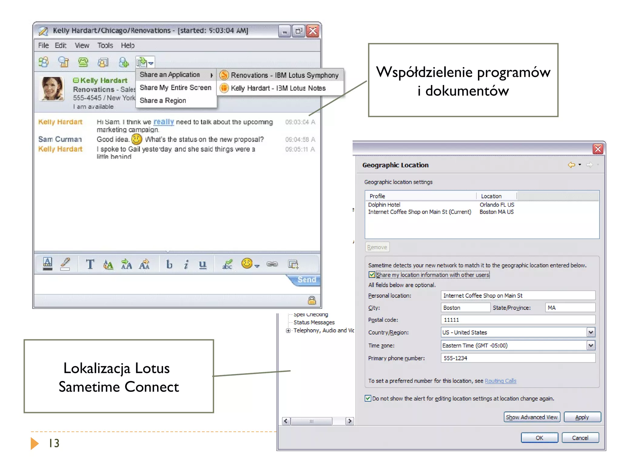 Lokalizacja Lotus  Sametime Connect Współdzielenie programów i dokumentów 