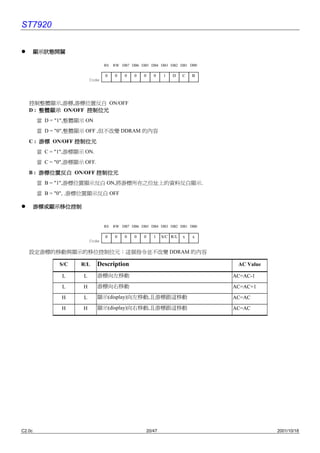 ST7920


        顯示狀態開關

                                  RS   RW DB7 DB6 DB5 DB4 DB3 DB2 DB1 DB0

                                  0    0   0   0   0      0    1   D     C   B
                           Code




   控制整體顯示,游標,游標位置反白 ON/OFF
   D : 整體顯示 ON/OFF 控制位元
        當 D = "1",整體顯示 ON
        當 D = "0",整體顯示 OFF ,但不改變 DDRAM 的內容
   C : 游標 ON/OFF 控制位元
        當 C = "1",游標顯示 ON.
        當 C = "0",游標顯示 OFF.
   B : 游標位置反白 ON/OFF 控制位元
        當 B = "1",游標位置顯示反白 ON,將游標所在之位址㆖的資料反白顯示.
        當 B = "0", .游標位置顯示反白 OFF

        游標或顯示移位控制


                                  RS   RW DB7 DB6 DB5 DB4 DB3 DB2 DB1 DB0

                                  0    0   0   0   0      1    S/C R/L   x   x
                           Code

   設定游標的移動與顯示的移位控制位元；這個指令並不改變 DDRAM 的內容

               S/C    R/L     Description                                         AC Value

                L      L      游標向左移動                                             AC=AC-1

                L     H       游標向右移動                                             AC=AC+1

                H      L      顯示(display)向左移動,且游標跟這移動                            AC=AC

                H     H       顯示(display)向右移動,且游標跟這移動                            AC=AC




C2.0c                                                  20/47                                 2001/10/18
 