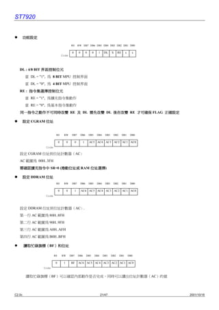 ST7920


        功能設定

                                           RS       RW DB7 DB6 DB5 DB4 DB3 DB2 DB1 DB0

                                           0        0         0     0     1     DL     X     RE     x     x
                                 Code



   DL : 4/8 BIT 界面控制位元
        當 DL = "1", 為 8 BIT MPU 控制界面
        當 DL = "0", 為 4 BIT MPU 控制界面
   RE : 指令集選擇控制位元
        當 RE = "1", 為擴充指令集動作
        當 RE = "0", 為基本指令集動作
   同㆒指令之動作不可同時改變 RE 及 DL 需先改變 DL 後在改變 RE 才可確保 FLAG 正確設定

        設定 CGRAM 位址


                         RS       RW       DB7          DB6       DB5    DB4     DB3    DB2       DB1    DB0

                             0        0         0         1       AC5 AC4 AC3 AC2 AC1 AC0
                 Code

   設定 CGRAM 位址到位址計數器（AC）
   AC 範圍為 00H..3FH
                            位址選擇)
   需確認擴充指令㆗ SR=0 (捲動位址或 RAM 位址選擇
                  捲動位址或

        設定 DDRAM 位址
                         RS       RW       DB7          DB6       DB5    DB4     DB3    DB2       DB1    DB0

                             0        0         1       AC6 AC5 AC4 AC3 AC2 AC1 AC0
                 Code



   設定 DDRAM 位址到位址計數器（AC）.
   第㆒行 AC 範圍為 80H..8FH
   第㆓行 AC 範圍為 90H..9FH
   第㆔行 AC 範圍為 A0H..AFH
   第㆕行 AC 範圍為 B0H..BFH

        讀取忙碌旗標（BF）和位址
        讀取忙碌旗標（ ）和位址

                        RS       RW       DB7       DB6       DB5       DB4    DB3     DB2    DB1       DB0

                         0        1       BF        AC6 AC5 AC4 AC3 AC2 AC1 AC0
                Code

         讀取忙碌旗標（BF）可以確認內部動作是否完成，同時可以讀出位址計數器（AC）的值




C2.0c                                                                         21/47                            2001/10/18
 