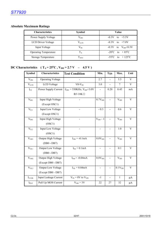 ST7920


Absolute Maximum Ratings
                   Characteristics                    Symbol                          Value
             Power Supply Voltage                       VDD                    -0.3V to +5.5V
              LCD Driver Voltage                        VLCD                   -0.3V to +7.0V
                    Input Voltage                       VIN                    -0.3V to VDD+0.3V
             Operating Temperature                          TA                 -20oC to + 85oC
              Storage Temperature                       TSTO                   -55oC to + 125oC


DC Characteristics ( TA = 25oC , VDD = 2.7 V – 4.5 V )
          Symbol         Characteristics      Test Condition          Min.     Typ.    Max.    Unit

           VDD          Operating Voltage                   -          2.7      -       5.5      V
           VLCD           LCD Voltage                 V0-VSS           3.0      -        7       V
            ICC       Power Supply Current fOSC = 530KHz, VDD=3.0V      -      0.20    0.45     mA
                                                    Rf=18KΩ

           VIH1        Input High Voltage                   -        0.7VDD     -      VDD       V
                         (Except OSC1)
           VIL1         Input Low Voltage                   -         - 0.3     -       0.6      V
                         (Except OSC1)
           VIH2        Input High Voltage                   -        VDD – 1    -      VDD       V
                             (OSC1)
           VIL2         Input Low Voltage                   -           -       -       1.0      V
                             (OSC1)
           VOH1        Output High Voltage         IOH = -0.1mA      0.8VDD     -      VDD       V
                          (DB0 - DB7)
           VOL1        Output Low Voltage           IOL = 0.1mA         -       -       0.1      V
                          (DB0 - DB7)
           VOH2        Output High Voltage         IOH = -0.04mA     0.8VDD     -      VDD       V
                       (Except DB0 - DB7)
           VOL2        Output Low Voltage          IOL = 0.04mA         -       -     0.1VDD     V
                       (Except DB0 - DB7)
           ILEAK      Input Leakage Current       VIN = 0V to VDD      -1       -        1      µA
           IPUP       Pull Up MOS Current            VDD = 3V          22      27       32      µA




C2.0c                                               32/47                                             2001/10/18
 