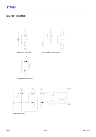 ST7920


輸入/輸出腳結構圖
輸入 輸出腳結構圖




              Input PAD: E (No Pull-up)    Input PAD: RS, RW(with Pull-up)




              Output PAD: CL1, CL2, M, D




                                                                             Enable




                                                                             DATA




        I/O PAD: DB0 – DB7




C2.0c                                         39/47                                   2001/10/18
 