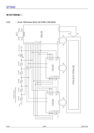 2001/10/18
                                                                                                                                    Dot Matrix LCD Panel
                                                                 Com 1-32             Seg 1-64                                       Seg 1-96                                                            Seg 1-96
                                                                                           Dout                       DL1                                   DR2                           DL1                           DR2
                                                                                                                      VDD                                   DL2                           VDD                           DL2
                     ： 2Line 16Chinese Word (32 COM x 256 SEG)




                                                                                                                                                            DR1                                                         DR1
                                                                                                                      SHL1          ST7921                  CL1                           SHL1          ST7921          CL1
                                                                                                                      SHL2                                  CL2                           SHL2                          CL2
                                                                                                                      VSS                                    M                            VSS                            M
                                                                                                                      V0                                                                  V0
                                                                                                                               V2        V3                                                        V2        V3




                                                                                                                                                                                                                              42/47
                                                                        ST7920            VDD
                                                                                          VSS
                                                                                           CL2
                                                                                           CL1
                                                                                            M
                                                                                            V0
                                                                                            V1
                                                                                            V2
                                                                                            V3
                                                                                            V4
                                                                            DB0-DB7
         應用參考電路圖㆔：
                                                                                                  Vcc(+5V/+3V)                                                                                                    VSS
                                                                                                                 VR          Regsister          Regsister         Regsister   Regsister          Regsister
                                                                            To MPU
                                                                                                                                                                              Note:Regsister=2.2K~10K ohm
ST7920

                                                                                                                                                                                   VR=1K~30Kohm




                       LCD




                                                                                                                                                                                                                              C2.0c
 