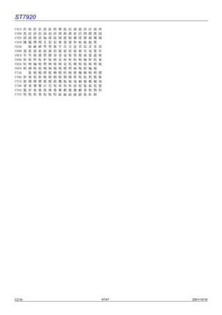 ST7920
F5C0    趵   趿   趼   趺   跄   跖   跗   跚   跞   跎   跏   跛   跆   跬   跷   跸
F5D0    跣   跹   跻   跤   踉   跽   踔   踝   踟   踬   踮   踣   踯   踺   蹀   踹
F5E0    踵   踽   踱   蹉   蹁   蹂   蹑   蹒   蹊   蹰   蹶   蹼   蹯   蹴   躅   躏
F5F0    躔   躐   躜   躞   豸   貂   貊   貅   貘   貔   斛   觖   觞   觚   觜
F6A0        觥   觫   觯   訾   謦   靓   雩   雳   雯   霆   霁   霈   霏   霎   霪
F6B0    霭   霰   霾   龀   龃   龅   龆   龇   龈   龉   龊   龌   黾   鼋   鼍   隹
F6C0    隼   隽   雎   雒   瞿   雠   銎   銮   鋈   錾   鍪   鏊   鎏   鐾   鑫   鱿
F6D0    鲂   鲅   鲆   鲇   鲈   稣   鲋   鲎   鲐   鲑   鲒   鲔   鲕   鲚   鲛   鲞
F6E0    鲟   鲠   鲡   鲢   鲣   鲥   鲦   鲧   鲨   鲩   鲫   鲭   鲮   鲰   鲱   鲲
F6F0    鲳   鲴   鲵   鲶   鲷   鲺   鲻   鲼   鲽   鳄   鳅   鳆   鳇   鳊   鳋
F7A0        鳌   鳍   鳎   鳏   鳐   鳓   鳔   鳕   鳗   鳘   鳙   鳜   鳝   鳟   鳢
F7B0    靼   鞅   鞑   鞒   鞔   鞯   鞫   鞣   鞲   鞴   骱   骰   骷   鹘   骶   骺
F7C0    骼   髁   髀   髅   髂   髋   髌   髑   魅   魃   魇   魉   魈   魍   魑   飨
F7D0    餍   餮   饕   饔   髟   髡   髦   髯   髫   髻   髭   髹   鬈   鬏   鬓   鬟
F7E0    鬣   麽   麾   縻   麂   麇   麈   麋   麒   鏖   麝   麟   黛   黜   黝   黠
F7F0    黟   黢   黩   黧   黥   黪   黯   鼢   鼬   鼯   鼹   鼷   鼽   鼾   齄




C2.0c                                                               47/47   2001/10/18
 