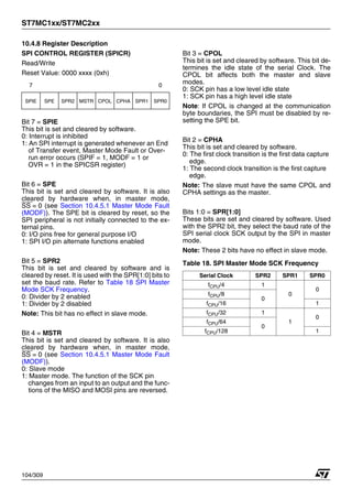 ST7MC1xx/ST7MC2xx
104/309
10.4.8 Register Description
SPI CONTROL REGISTER (SPICR)
Read/Write
Reset Value: 0000 xxxx (0xh)
Bit 7 = SPIE
This bit is set and cleared by software.
0: Interrupt is inhibited
1: An SPI interrupt is generated whenever an End
of Transfer event, Master Mode Fault or Over-
run error occurs (SPIF = 1, MODF = 1 or
OVR = 1 in the SPICSR register)
Bit 6 = SPE
This bit is set and cleared by software. It is also
cleared by hardware when, in master mode,
SS = 0 (see Section 10.4.5.1 Master Mode Fault
(MODF)). The SPE bit is cleared by reset, so the
SPI peripheral is not initially connected to the ex-
ternal pins.
0: I/O pins free for general purpose I/O
1: SPI I/O pin alternate functions enabled
Bit 5 = SPR2
This bit is set and cleared by software and is
cleared by reset. It is used with the SPR[1:0] bits to
set the baud rate. Refer to Table 18 SPI Master
Mode SCK Frequency.
0: Divider by 2 enabled
1: Divider by 2 disabled
Note: This bit has no effect in slave mode.
Bit 4 = MSTR
This bit is set and cleared by software. It is also
cleared by hardware when, in master mode,
SS = 0 (see Section 10.4.5.1 Master Mode Fault
(MODF)).
0: Slave mode
1: Master mode. The function of the SCK pin
changes from an input to an output and the func-
tions of the MISO and MOSI pins are reversed.
Bit 3 = CPOL
This bit is set and cleared by software. This bit de-
termines the idle state of the serial Clock. The
CPOL bit affects both the master and slave
modes.
0: SCK pin has a low level idle state
1: SCK pin has a high level idle state
Note: If CPOL is changed at the communication
byte boundaries, the SPI must be disabled by re-
setting the SPE bit.
Bit 2 = CPHA
This bit is set and cleared by software.
0: The first clock transition is the first data capture
edge.
1: The second clock transition is the first capture
edge.
Note: The slave must have the same CPOL and
CPHA settings as the master.
Bits 1:0 = SPR[1:0]
These bits are set and cleared by software. Used
with the SPR2 bit, they select the baud rate of the
SPI serial clock SCK output by the SPI in master
mode.
Note: These 2 bits have no effect in slave mode.
Table 18. SPI Master Mode SCK Frequency
7 0
SPIE SPE SPR2 MSTR CPOL CPHA SPR1 SPR0
Serial Clock SPR2 SPR1 SPR0
fCPU/4 1
0
0
fCPU/8
0
fCPU/16 1
fCPU/32 1
1
0
fCPU/64
0
fCPU/128 1
1
 