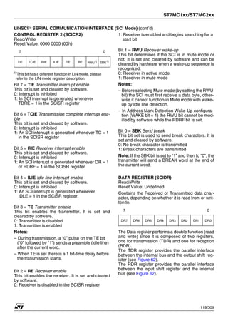 ST7MC1xx/ST7MC2xx
119/309
LINSCI™ SERIAL COMMUNICATION INTERFACE (SCI Mode) (cont’d)
CONTROL REGISTER 2 (SCICR2)
Read/Write
Reset Value: 0000 0000 (00h)
1)
This bit has a different function in LIN mode, please
refer to the LIN mode register description.
Bit 7 = TIE Transmitter interrupt enable
This bit is set and cleared by software.
0: Interrupt is inhibited
1: In SCI interrupt is generated whenever
TDRE = 1 in the SCISR register
Bit 6 = TCIE Transmission complete interrupt ena-
ble
This bit is set and cleared by software.
0: Interrupt is inhibited
1: An SCI interrupt is generated whenever TC = 1
in the SCISR register
Bit 5 = RIE Receiver interrupt enable
This bit is set and cleared by software.
0: Interrupt is inhibited
1: An SCI interrupt is generated whenever OR = 1
or RDRF = 1 in the SCISR register
Bit 4 = ILIE Idle line interrupt enable
This bit is set and cleared by software.
0: Interrupt is inhibited
1: An SCI interrupt is generated whenever
IDLE = 1 in the SCISR register.
Bit 3 = TE Transmitter enable
This bit enables the transmitter. It is set and
cleared by software.
0: Transmitter is disabled
1: Transmitter is enabled
Notes:
– During transmission, a “0” pulse on the TE bit
(“0” followed by “1”) sends a preamble (idle line)
after the current word.
– When TE is set there is a 1 bit-time delay before
the transmission starts.
Bit 2 = RE Receiver enable
This bit enables the receiver. It is set and cleared
by software.
0: Receiver is disabled in the SCISR register
1: Receiver is enabled and begins searching for a
start bit
Bit 1 = RWU Receiver wake-up
This bit determines if the SCI is in mute mode or
not. It is set and cleared by software and can be
cleared by hardware when a wake-up sequence is
recognized.
0: Receiver in active mode
1: Receiver in mute mode
Notes:
– Before selecting Mute mode (by setting the RWU
bit) the SCI must first receive a data byte, other-
wise it cannot function in Mute mode with wake-
up by Idle line detection.
– In Address Mark Detection Wake-Up configura-
tion (WAKE bit = 1) the RWU bit cannot be mod-
ified by software while the RDRF bit is set.
Bit 0 = SBK Send break
This bit set is used to send break characters. It is
set and cleared by software.
0: No break character is transmitted
1: Break characters are transmitted
Note: If the SBK bit is set to “1” and then to “0”, the
transmitter will send a BREAK word at the end of
the current word.
DATA REGISTER (SCIDR)
Read/Write
Reset Value: Undefined
Contains the Received or Transmitted data char-
acter, depending on whether it is read from or writ-
ten to.
The Data register performs a double function (read
and write) since it is composed of two registers,
one for transmission (TDR) and one for reception
(RDR).
The TDR register provides the parallel interface
between the internal bus and the output shift reg-
ister (see Figure 62).
The RDR register provides the parallel interface
between the input shift register and the internal
bus (see Figure 62).
7 0
TIE TCIE RIE ILIE TE RE RWU1) SBK1)
7 0
DR7 DR6 DR5 DR4 DR3 DR2 DR1 DR0
1
 