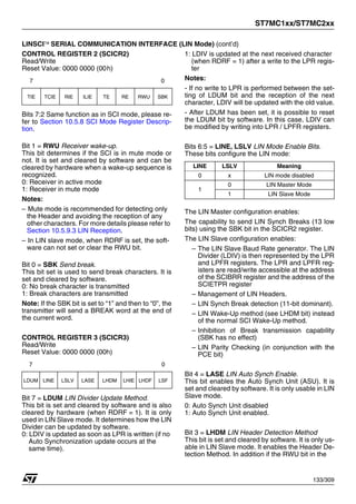 ST7MC1xx/ST7MC2xx
133/309
LINSCI™ SERIAL COMMUNICATION INTERFACE (LIN Mode) (cont’d)
CONTROL REGISTER 2 (SCICR2)
Read/Write
Reset Value: 0000 0000 (00h)
Bits 7:2 Same function as in SCI mode, please re-
fer to Section 10.5.8 SCI Mode Register Descrip-
tion.
Bit 1 = RWU Receiver wake-up.
This bit determines if the SCI is in mute mode or
not. It is set and cleared by software and can be
cleared by hardware when a wake-up sequence is
recognized.
0: Receiver in active mode
1: Receiver in mute mode
Notes:
– Mute mode is recommended for detecting only
the Header and avoiding the reception of any
other characters. For more details please refer to
Section 10.5.9.3 LIN Reception.
– In LIN slave mode, when RDRF is set, the soft-
ware can not set or clear the RWU bit.
Bit 0 = SBK Send break.
This bit set is used to send break characters. It is
set and cleared by software.
0: No break character is transmitted
1: Break characters are transmitted
Note: If the SBK bit is set to “1” and then to “0”, the
transmitter will send a BREAK word at the end of
the current word.
CONTROL REGISTER 3 (SCICR3)
Read/Write
Reset Value: 0000 0000 (00h)
Bit 7 = LDUM LIN Divider Update Method.
This bit is set and cleared by software and is also
cleared by hardware (when RDRF = 1). It is only
used in LIN Slave mode. It determines how the LIN
Divider can be updated by software.
0: LDIV is updated as soon as LPR is written (if no
Auto Synchronization update occurs at the
same time).
1: LDIV is updated at the next received character
(when RDRF = 1) after a write to the LPR regis-
ter
Notes:
- If no write to LPR is performed between the set-
ting of LDUM bit and the reception of the next
character, LDIV will be updated with the old value.
- After LDUM has been set, it is possible to reset
the LDUM bit by software. In this case, LDIV can
be modified by writing into LPR / LPFR registers.
Bits 6:5 = LINE, LSLV LIN Mode Enable Bits.
These bits configure the LIN mode:
The LIN Master configuration enables:
The capability to send LIN Synch Breaks (13 low
bits) using the SBK bit in the SCICR2 register.
The LIN Slave configuration enables:
– The LIN Slave Baud Rate generator. The LIN
Divider (LDIV) is then represented by the LPR
and LPFR registers. The LPR and LPFR reg-
isters are read/write accessible at the address
of the SCIBRR register and the address of the
SCIETPR register
– Management of LIN Headers.
– LIN Synch Break detection (11-bit dominant).
– LIN Wake-Up method (see LHDM bit) instead
of the normal SCI Wake-Up method.
– Inhibition of Break transmission capability
(SBK has no effect)
– LIN Parity Checking (in conjunction with the
PCE bit)
Bit 4 = LASE LIN Auto Synch Enable.
This bit enables the Auto Synch Unit (ASU). It is
set and cleared by software. It is only usable in LIN
Slave mode.
0: Auto Synch Unit disabled
1: Auto Synch Unit enabled.
Bit 3 = LHDM LIN Header Detection Method
This bit is set and cleared by software. It is only us-
able in LIN Slave mode. It enables the Header De-
tection Method. In addition if the RWU bit in the
7 0
TIE TCIE RIE ILIE TE RE RWU SBK
7 0
LDUM LINE LSLV LASE LHDM LHIE LHDF LSF
LINE LSLV Meaning
0 x LIN mode disabled
1
0 LIN Master Mode
1 LIN Slave Mode
1
 