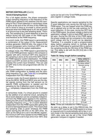 ST7MC1xx/ST7MC2xx
159/309
MOTOR CONTROLLER (Cont’d)
10.6.6.9 Sampling block
For a full digital solution, the phase comparator
output sampling frequency is the frequency of the
PWM signal applied to the switches and the sam-
pling for the Z event detection in sensorless mode
is done at the end of the off time of this PWM sig-
nal to avoid to have to re-create a virtual ground
because when the PWM signal is off, the star point
is at ground due to the free-wheeling diode. That’s
why, the sampling for Z event detection is done by
default during the OFF-state of the PWM signal
and therefore at the PWM frequency.
In current mode, this PWM signal is generated by
a combination of the output of the measurement
window generator (SA[3:0] bits), the output of the
current comparator and a minimum OFF time set
by the OT[3:0] bits for system stabilisation.
In voltage mode, this PWM signal is generated by
the 12-bit PWM generator signal in the compare U
register with still a minimum OFF time required if
the sampling is done at the end of the OFF time of
the PWM signal for system stabilisation. The PWM
signal is put OFF as soon as the current feedback
reaches the current input limitation. This can add
an OFF time to the one programmed with the 12-
bit Timer.
For D event detection in sensorless mode, no spe-
cific PWM configuration is needed and the sam-
pling frequency (fSCF, see Table 82) is completely
independent from the PWM signal.
In sensor mode, the D event detection is not need-
ed as the MCIA, MCIB and MCIC pins are the dig-
ital signals coming from the hall sensors so no
specific PWM configuration is needed and the
sampling for the Z detection event is done at
fSCF, completely independent from the PWM sig-
nal.
In sensorless mode, if a virtual ground is created
by the addition of an external circuit, sampling for
the Z event detection can be completely independ-
ent from the PWM signal applied to the switches.
Setting the SPLG bit in the MCRC register allows a
sampling frequency of fSCF for Z event detection
independent from the PWM signal after getting the
D (end of demagnetisation) event. This means that
the sampling order is given whatever the PWM
signal (during the ON time or the OFF time). As
soon as the SPLG bit is set in the MCRC register,
the minimum OFF time needed for the PWM signal
in current mode is set to 0µs and a true 100% duty
cycle can be set in the 12-bit PWM generator com-
pare register in voltage mode.
Specific applications can require sampling for the
Z event detection only during the ON time of the
PWM signal. This can happen when the PWM sig-
nal is applied only on the low side switches for Z
event detection. In this case, during the OFF time
of the PWM signal, the phase voltage is tied to the
application voltage V and no back-EMF signal can
be seen. During the ON time of the PWM signal,
the phase voltage can be compared to the neutral
point voltage and the Z event can be detected.
Therefore, it is possible to add a programmable
delay before sampling (which is normally done
when the PWM signal is switched ON) to perform
the sampling during the ON time of the PWM sig-
nal. This delay is set with the DS [3:0] bits in the
MCONF register.
Table 33. Delay length before sampling
Note: Times are indicated for 4 MHz fPERIPH
As soon as a delay is set in the DS[3:0] bits, the
minimum OFF time for the PWM signal is no long-
er required and it is automatically set to 0µs in cur-
rent mode in the internal sampling clock and a true
100% duty cycle can be set in the 12-bit PWM
generator compare U register if needed.
DS3 DS2 DS1 DS0
Delay added to
sample at Ton
0 0 0 0
No delay added.
Sample during
Toff
0 0 0 1 2.5 µs
0 0 1 0 5 µs
0 0 1 1 7.5 µs
0 1 0 0 10 µs
0 1 0 1 12.5 µs
0 1 1 0 15 µs
0 1 1 1 17.5 µs
1 0 0 0 20 µs
1 0 0 1 22.5 µs
1 0 1 0 25 µs
1 0 1 1 27.5 µs
1 1 0 0 30 μs
1 1 0 1 32.5 μs
1 1 1 0 35 μs
1 1 1 1 37.5 μs
1
 
