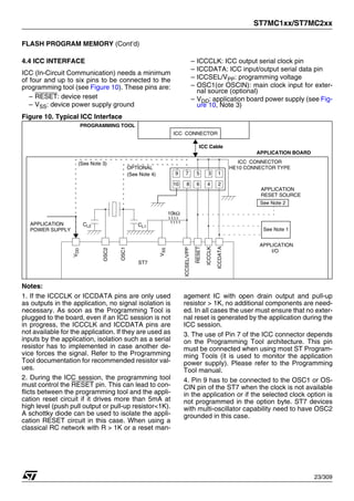 ST7MC1xx/ST7MC2xx
23/309
FLASH PROGRAM MEMORY (Cont’d)
4.4 ICC INTERFACE
ICC (In-Circuit Communication) needs a minimum
of four and up to six pins to be connected to the
programming tool (see Figure 10). These pins are:
– RESET: device reset
– VSS: device power supply ground
– ICCCLK: ICC output serial clock pin
– ICCDATA: ICC input/output serial data pin
– ICCSEL/VPP: programming voltage
– OSC1(or OSCIN): main clock input for exter-
nal source (optional)
– VDD: application board power supply (see Fig-
ure 10, Note 3)
Figure 10. Typical ICC Interface
Notes:
1. If the ICCCLK or ICCDATA pins are only used
as outputs in the application, no signal isolation is
necessary. As soon as the Programming Tool is
plugged to the board, even if an ICC session is not
in progress, the ICCCLK and ICCDATA pins are
not available for the application. If they are used as
inputs by the application, isolation such as a serial
resistor has to implemented in case another de-
vice forces the signal. Refer to the Programming
Tool documentation for recommended resistor val-
ues.
2. During the ICC session, the programming tool
must control the RESET pin. This can lead to con-
flicts between the programming tool and the appli-
cation reset circuit if it drives more than 5mA at
high level (push pull output or pull-up resistor<1K).
A schottky diode can be used to isolate the appli-
cation RESET circuit in this case. When using a
classical RC network with R > 1K or a reset man-
agement IC with open drain output and pull-up
resistor > 1K, no additional components are need-
ed. In all cases the user must ensure that no exter-
nal reset is generated by the application during the
ICC session.
3. The use of Pin 7 of the ICC connector depends
on the Programming Tool architecture. This pin
must be connected when using most ST Program-
ming Tools (it is used to monitor the application
power supply). Please refer to the Programming
Tool manual.
4. Pin 9 has to be connected to the OSC1 or OS-
CIN pin of the ST7 when the clock is not available
in the application or if the selected clock option is
not programmed in the option byte. ST7 devices
with multi-oscillator capability need to have OSC2
grounded in this case.
ICC CONNECTOR
ICCDATA
ICCCLK
RESET
V
DD
HE10 CONNECTOR TYPE
APPLICATION
POWER SUPPLY
1
2
4
6
8
10
9 7 5 3
PROGRAMMING TOOL
ICC CONNECTOR
APPLICATION BOARD
ICC Cable
(See Note 3)
10kΩ
V
SS
ICCSEL/VPP
ST7
CL2 CL1
OSC1
OSC2
OPTIONAL
See Note 1
See Note 2
APPLICATION
RESET SOURCE
APPLICATION
I/O
(See Note 4)
1
 