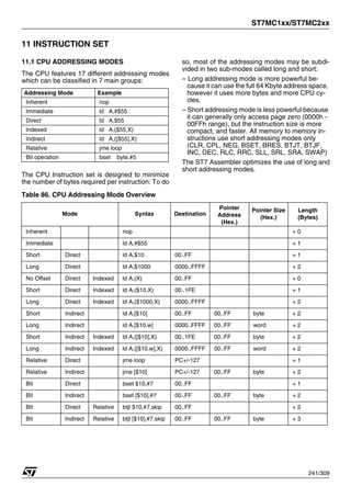 ST7MC1xx/ST7MC2xx
241/309
11 INSTRUCTION SET
11.1 CPU ADDRESSING MODES
The CPU features 17 different addressing modes
which can be classified in 7 main groups:
The CPU Instruction set is designed to minimize
the number of bytes required per instruction: To do
so, most of the addressing modes may be subdi-
vided in two sub-modes called long and short:
– Long addressing mode is more powerful be-
cause it can use the full 64 Kbyte address space,
however it uses more bytes and more CPU cy-
cles.
– Short addressing mode is less powerful because
it can generally only access page zero (0000h -
00FFh range), but the instruction size is more
compact, and faster. All memory to memory in-
structions use short addressing modes only
(CLR, CPL, NEG, BSET, BRES, BTJT, BTJF,
INC, DEC, RLC, RRC, SLL, SRL, SRA, SWAP)
The ST7 Assembler optimizes the use of long and
short addressing modes.
Table 86. CPU Addressing Mode Overview
Addressing Mode Example
Inherent nop
Immediate ld A,#$55
Direct ld A,$55
Indexed ld A,($55,X)
Indirect ld A,([$55],X)
Relative jrne loop
Bit operation bset byte,#5
Mode Syntax Destination
Pointer
Address
(Hex.)
Pointer Size
(Hex.)
Length
(Bytes)
Inherent nop + 0
Immediate ld A,#$55 + 1
Short Direct ld A,$10 00..FF + 1
Long Direct ld A,$1000 0000..FFFF + 2
No Offset Direct Indexed ld A,(X) 00..FF + 0
Short Direct Indexed ld A,($10,X) 00..1FE + 1
Long Direct Indexed ld A,($1000,X) 0000..FFFF + 2
Short Indirect ld A,[$10] 00..FF 00..FF byte + 2
Long Indirect ld A,[$10.w] 0000..FFFF 00..FF word + 2
Short Indirect Indexed ld A,([$10],X) 00..1FE 00..FF byte + 2
Long Indirect Indexed ld A,([$10.w],X) 0000..FFFF 00..FF word + 2
Relative Direct jrne loop PC+/-127 + 1
Relative Indirect jrne [$10] PC+/-127 00..FF byte + 2
Bit Direct bset $10,#7 00..FF + 1
Bit Indirect bset [$10],#7 00..FF 00..FF byte + 2
Bit Direct Relative btjt $10,#7,skip 00..FF + 2
Bit Indirect Relative btjt [$10],#7,skip 00..FF 00..FF byte + 3
 