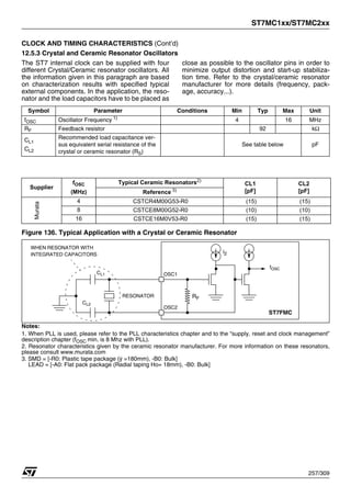 ST7MC1xx/ST7MC2xx
257/309
CLOCK AND TIMING CHARACTERISTICS (Cont’d)
12.5.3 Crystal and Ceramic Resonator Oscillators
The ST7 internal clock can be supplied with four
different Crystal/Ceramic resonator oscillators. All
the information given in this paragraph are based
on characterization results with specified typical
external components. In the application, the reso-
nator and the load capacitors have to be placed as
close as possible to the oscillator pins in order to
minimize output distortion and start-up stabiliza-
tion time. Refer to the crystal/ceramic resonator
manufacturer for more details (frequency, pack-
age, accuracy...).
Figure 136. Typical Application with a Crystal or Ceramic Resonator
Notes:
1. When PLL is used, please refer to the PLL characteristics chapter and to the “supply, reset and clock management”
description chapter (fOSC min. is 8 Mhz with PLL).
2. Resonator characteristics given by the ceramic resonator manufacturer. For more information on these resonators,
please consult www.murata.com
3. SMD = [-R0: Plastic tape package (ý =180mm), -B0: Bulk]
LEAD = [-A0: Flat pack package (Radial taping Ho= 18mm), -B0: Bulk]
Symbol Parameter Conditions Min Typ Max Unit
fOSC Oscillator Frequency 1)
4 16 MHz
RF Feedback resistor 92 kΩ
CL1
CL2
Recommended load capacitance ver-
sus equivalent serial resistance of the
crystal or ceramic resonator (RS)
See table below pF
Supplier
fOSC
(MHz)
Typical Ceramic Resonators2)
CL1
[pF]
CL2
[pF]
Reference 3)
Murata
4 CSTCR4M00G53-R0 (15) (15)
8 CSTCE8M00G52-R0 (10) (10)
16 CSTCE16M0V53-R0 (15) (15)
OSC2
OSC1
fOSC
CL1
CL2
i2
RF
ST7FMC
RESONATOR
WHEN RESONATOR WITH
INTEGRATED CAPACITORS
 