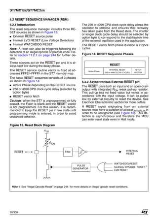 ST7MC1xx/ST7MC2xx
30/309
6.2 RESET SEQUENCE MANAGER (RSM)
6.2.1 Introduction
The reset sequence manager includes three RE-
SET sources as shown in Figure 15:
■ External RESET source pulse
■ Internal LVD RESET (Low Voltage Detection)
■ Internal WATCHDOG RESET
Note: A reset can also be triggered following the
detection of an illegal opcode or prebyte code. Re-
fer to section 11.2.1 on page 244 for further de-
tails.
These sources act on the RESET pin and it is al-
ways kept low during the delay phase.
The RESET service routine vector is fixed at ad-
dresses FFFEh-FFFFh in the ST7 memory map.
The basic RESET sequence consists of 3 phases
as shown in Figure 14:
■ Active Phase depending on the RESET source
■ 256 or 4096 CPU clock cycle delay (selected by
option byte)
■ RESET vector fetch
Caution: When the ST7 is unprogrammed or fully
erased, the Flash is blank and the RESET vector
is not programmed. For this reason, it is recom-
mended to keep the RESET pin in low state until
programming mode is entered, in order to avoid
unwanted behavior.
The 256 or 4096 CPU clock cycle delay allows the
oscillator to stabilise and ensures that recovery
has taken place from the Reset state. The shorter
or longer clock cycle delay should be selected by
option byte to correspond to the stabilization time
of the external oscillator used in the application.
The RESET vector fetch phase duration is 2 clock
cycles.
Figure 14. RESET Sequence Phases
6.2.2 Asynchronous External RESET pin
The RESET pin is both an input and an open-drain
output with integrated RON weak pull-up resistor.
This pull-up has no fixed value but varies in ac-
cordance with the input voltage. It can be pulled
low by external circuitry to reset the device. See
Electrical Characteristic section for more details.
A RESET signal originating from an external
source must have a duration of at least th(RSTL)in in
order to be recognized (see Figure 16). This de-
tection is asynchronous and therefore the MCU
can enter reset state even in Halt mode.
Figure 15. Reset Block Diagram
RESET
Active Phase
INTERNAL RESET
256 or 4096 CLOCK CYCLES
FETCH
VECTOR
RESET
RON
VDD
WATCHDOG RESET
LVD RESET
INTERNAL
RESET
PULSE
GENERATOR
Filter
ILLEGAL OPCODE RESET 1)
Note 1: See “Illegal Opcode Reset” on page 244. for more details on illegal opcode reset conditions.
1
 