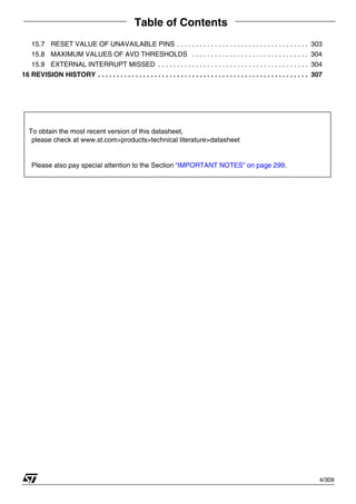 Table of Contents
4/309
15.7 RESET VALUE OF UNAVAILABLE PINS . . . . . . . . . . . . . . . . . . . . . . . . . . . . . . . . . . . 303
15.8 MAXIMUM VALUES OF AVD THRESHOLDS . . . . . . . . . . . . . . . . . . . . . . . . . . . . . . . 304
15.9 EXTERNAL INTERRUPT MISSED . . . . . . . . . . . . . . . . . . . . . . . . . . . . . . . . . . . . . . . . 304
16 REVISION HISTORY . . . . . . . . . . . . . . . . . . . . . . . . . . . . . . . . . . . . . . . . . . . . . . . . . . . . . . . . 307
To obtain the most recent version of this datasheet,
please check at www.st.com>products>technical literature>datasheet
Please also pay special attention to the Section “IMPORTANT NOTES” on page 299.
1
 