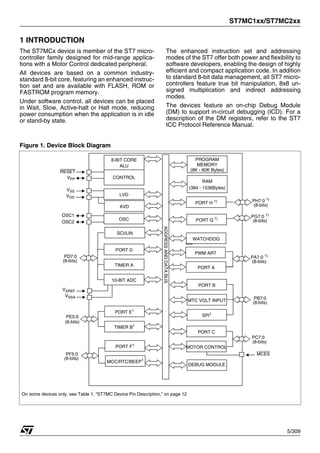 ST7MC1xx/ST7MC2xx
5/309
1 INTRODUCTION
The ST7MCx device is member of the ST7 micro-
controller family designed for mid-range applica-
tions with a Motor Control dedicated peripheral.
All devices are based on a common industry-
standard 8-bit core, featuring an enhanced instruc-
tion set and are available with FLASH, ROM or
FASTROM program memory.
Under software control, all devices can be placed
in Wait, Slow, Active-halt or Halt mode, reducing
power consumption when the application is in idle
or stand-by state.
The enhanced instruction set and addressing
modes of the ST7 offer both power and flexibility to
software developers, enabling the design of highly
efficient and compact application code. In addition
to standard 8-bit data management, all ST7 micro-
controllers feature true bit manipulation, 8x8 un-
signed multiplication and indirect addressing
modes.
The devices feature an on-chip Debug Module
(DM) to support in-circuit debugging (ICD). For a
description of the DM registers, refer to the ST7
ICC Protocol Reference Manual.
Figure 1. Device Block Diagram
8-BIT CORE
ALU
ADDRESS
AND
DATA
BUS
OSC1
VPP CONTROL
PROGRAM
(8K - 60K Bytes)
VDD
RESET
PORT D
PD7:0
(8-bits)
TIMER A
10-BIT ADC
PORT A
RAM
(384 - 1536Bytes)
PORT B
MCC/RTC/BEEP1
VAREF
VSSA
PORT E1
TIMER B1
PE5:0
(6-bits)
MTC VOLT INPUT
PA7:0 1)
(8-bits)
PORT F1
PF5:0
(6-bits)
SPI1
PB7:0
(8-bits)
VSS
WATCHDOG
OSC
LVD
OSC2
MEMORY
SCI/LIN
AVD
PWM ART
PORT C
(8-bits)
MOTOR CONTROL
PC7:0
PORT G 1)
PORT H 1)
PG7:0 1)
(8-bits)
PH7:0 1)
(8-bits)
MCES
On some devices only, see Table 1, “ST7MC Device Pin Description,” on page 12
DEBUG MODULE
1
 