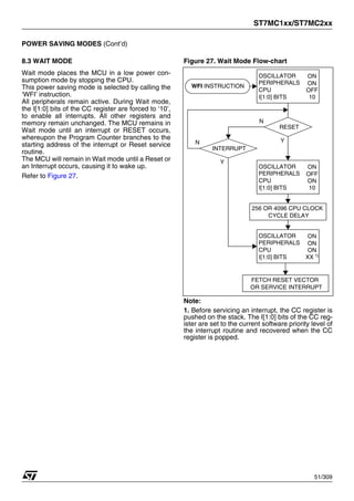 ST7MC1xx/ST7MC2xx
51/309
POWER SAVING MODES (Cont’d)
8.3 WAIT MODE
Wait mode places the MCU in a low power con-
sumption mode by stopping the CPU.
This power saving mode is selected by calling the
‘WFI’ instruction.
All peripherals remain active. During Wait mode,
the I[1:0] bits of the CC register are forced to ‘10’,
to enable all interrupts. All other registers and
memory remain unchanged. The MCU remains in
Wait mode until an interrupt or RESET occurs,
whereupon the Program Counter branches to the
starting address of the interrupt or Reset service
routine.
The MCU will remain in Wait mode until a Reset or
an Interrupt occurs, causing it to wake up.
Refer to Figure 27.
Figure 27. Wait Mode Flow-chart
Note:
1. Before servicing an interrupt, the CC register is
pushed on the stack. The I[1:0] bits of the CC reg-
ister are set to the current software priority level of
the interrupt routine and recovered when the CC
register is popped.
WFI INSTRUCTION
RESET
INTERRUPT
Y
N
N
Y
CPU
OSCILLATOR
PERIPHERALS
I[1:0] BITS
ON
ON
10
OFF
FETCH RESET VECTOR
OR SERVICE INTERRUPT
CPU
OSCILLATOR
PERIPHERALS
I[1:0] BITS
ON
OFF
10
ON
CPU
OSCILLATOR
PERIPHERALS
I[1:0] BITS
ON
ON
XX 1)
ON
256 OR 4096 CPU CLOCK
CYCLE DELAY
1
 