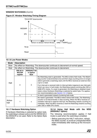 ST7MC1xx/ST7MC2xx
64/309
WINDOW WATCHDOG (Cont’d)
Figure 37. Window Watchdog Timing Diagram
10.1.6 Low Power Modes
10.1.7 Hardware Watchdog Option
If Hardware Watchdog is selected by option byte,
the watchdog is always active and the WDGA bit in
the WDGCR is not used. Refer to the Option Byte
description.
10.1.8 Using Halt Mode with the WDG
(WDGHALT option)
The following recommendation applies if Halt
mode is used when the watchdog is enabled.
– Before executing the HALT instruction, refresh
the WDG counter, to avoid an unexpected WDG
reset immediately after waking up the microcon-
troller.
T6 bit
Reset
WDGWR
T[5:0] CNT downcounter
time
Refresh Window
Refresh not allowed (step = 16384/fOSC2)
3Fh
Mode Description
Slow No effect on Watchdog: The downcounter continues to decrement at normal speed.
Wait No effect on Watchdog: The downcounter continues to decrement.
Halt
OIE bit in
MCCSR
register
WDGHALT bit
in Option
Byte
0 0
No Watchdog reset is generated. The MCU enters Halt mode. The Watch-
dog counter is decremented once and then stops counting and is no longer
able to generate a watchdog reset until the MCU receives an external inter-
rupt or a reset.
If an interrupt is received (refer to interrupt table mapping to see interrupts
which can occur in halt mode), the Watchdog restarts counting after 256 or
4096 CPU clocks. If a reset is generated, the Watchdog is disabled (reset
state) unless Hardware Watchdog is selected by option byte. For applica-
tion recommendations see Section 10.1.8 below.
0 1 A reset is generated instead of entering halt mode.
Active-
halt
1 x
No reset is generated. The MCU enters Active Halt mode. The Watchdog
counter is not decremented. It stop counting. When the MCU receives an
oscillator interrupt or external interrupt, the Watchdog restarts counting im-
mediately. When the MCU receives a reset the Watchdog restarts counting
after 256 or 4096 CPU clocks.
1
 