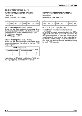 ST7MC1xx/ST7MC2xx
73/309
ON-CHIP PERIPHERALS (Cont’d)
PWM CONTROL REGISTER (PWMCR)
Read/Write
Reset Value: 0000 0000 (00h)
Bit 7:4 = OE[3:0] PWM Output Enable
These bits are set and cleared by software. They
enable or disable the PWM output channels inde-
pendently acting on the corresponding I/O pin.
0: PWM output disabled.
1: PWM output enabled.
Bit 3:0 = OP[3:0] PWM Output Polarity
These bits are set and cleared by software. They
independently select the polarity of the four PWM
output signals.
Note: When an OPx bit is modified, the PWMx out-
put signal polarity is immediately reversed.
DUTY CYCLE REGISTERS (PWMDCRx)
Read/Write
Reset Value: 0000 0000 (00h)
Bit 7:0 = DC[7:0] Duty Cycle Data
These bits are set and cleared by software.
A PWMDCRx register is associated with the OCRx
register of each PWM channel to determine the
second edge location of the PWM signal (the first
edge location is common to all channels and given
by the ARTARR register). These PWMDCR regis-
ters allow the duty cycle to be set independently
for each PWM channel.
7 0
OE3 OE2 OE1 OE0 OP3 OP2 OP1 OP0
PWMx output level
OPx
Counter <= OCRx Counter > OCRx
1 0 0
0 1 1
7 0
DC7 DC6 DC5 DC4 DC3 DC2 DC1 DC0
1
 