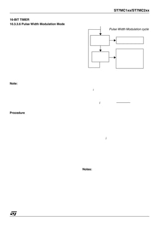 ST7MC1xx/ST7MC2xx
16-BIT TIMER
10.3.3.6 Pulse Width Modulation Mode
Note:
Procedure
i
Notes:
Pulse Width Modulation cycle
i
i
 