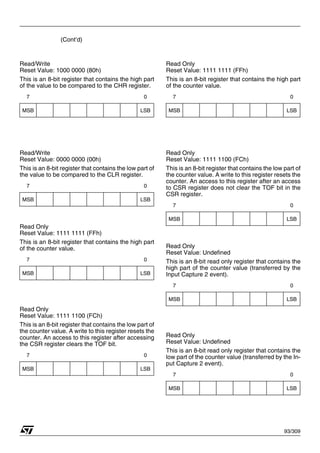 93/309
(Cont’d)
Read/Write
Reset Value: 1000 0000 (80h)
This is an 8-bit register that contains the high part
of the value to be compared to the CHR register.
Read/Write
Reset Value: 0000 0000 (00h)
This is an 8-bit register that contains the low part of
the value to be compared to the CLR register.
Read Only
Reset Value: 1111 1111 (FFh)
This is an 8-bit register that contains the high part
of the counter value.
Read Only
Reset Value: 1111 1100 (FCh)
This is an 8-bit register that contains the low part of
the counter value. A write to this register resets the
counter. An access to this register after accessing
the CSR register clears the TOF bit.
Read Only
Reset Value: 1111 1111 (FFh)
This is an 8-bit register that contains the high part
of the counter value.
Read Only
Reset Value: 1111 1100 (FCh)
This is an 8-bit register that contains the low part of
the counter value. A write to this register resets the
counter. An access to this register after an access
to CSR register does not clear the TOF bit in the
CSR register.
Read Only
Reset Value: Undefined
This is an 8-bit read only register that contains the
high part of the counter value (transferred by the
Input Capture 2 event).
Read Only
Reset Value: Undefined
This is an 8-bit read only register that contains the
low part of the counter value (transferred by the In-
put Capture 2 event).
7 0
MSB LSB
7 0
MSB LSB
7 0
MSB LSB
7 0
MSB LSB
7 0
MSB LSB
7 0
MSB LSB
7 0
MSB LSB
7 0
MSB LSB
1
 