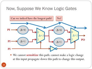 Now, Suppose We Know Logic Gates
18
 We cannot sensitize this path: cannot make a logic change
at this input propagate down this path to change this output.
∆=8
∆=1
∆=8
∆=1
0
1
∆=2
0
1
∆=2
PO
PI
PI
PI
Can we indeed have the longest path? No!
 